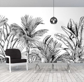 Picture of Tropical card with palm trees and banana leaves Black and white Hand drawn vector illustration